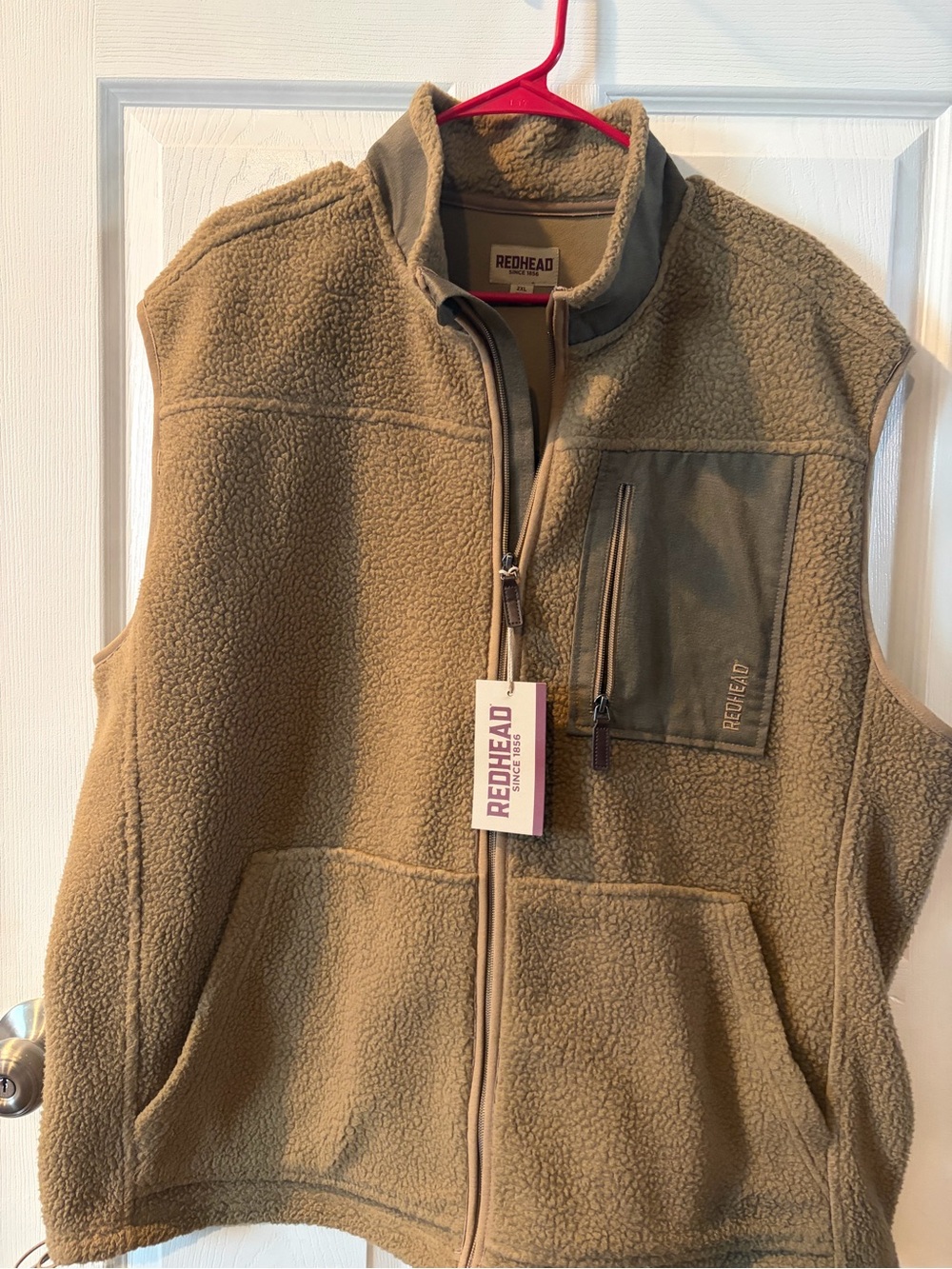 RedHead Men's Tan Fleece Vest with Olive Chest Pocket Panel